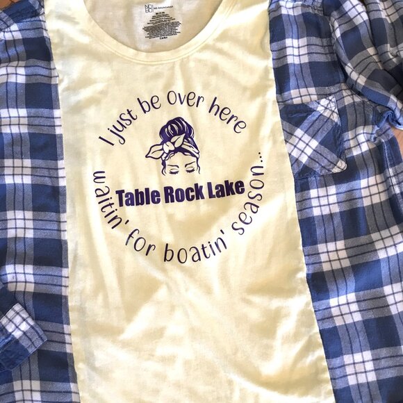 Reworked Flannel Tee, S-M: Table Rock Lake Lightweight Upcycled Shirt Remake - Picture 10 of 11